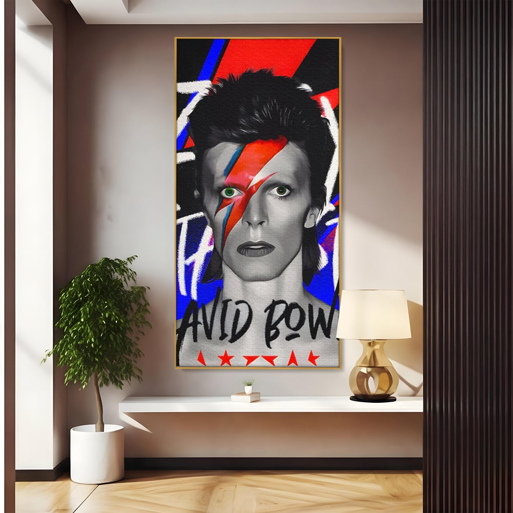 Tablou canvas cu tablou portret david bowie cu fulger, in rama de aluminiu auriu